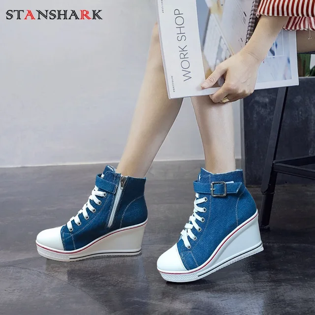 Denim Blue Women's Ultra Light High Top Canvas Sneakers Hidden Invisible Heel Wedge Shoes Casual Breathable Platform Sneakers 1