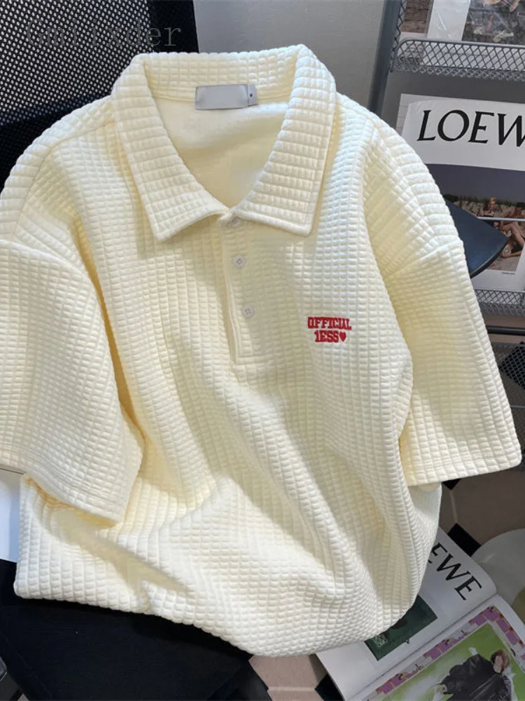 

Шикарная вафельная футболка унисекс в гонконгском стиле, элегантная рубашка с отложным воротником, летний топ с вышивкой буквами и короткими рукавами на пуговицах