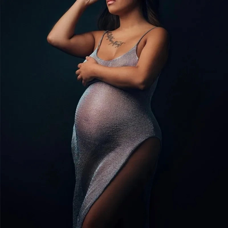 Maternity Photography Dress Bohemian Sexy Mesh Pregnancy V Neck Sides Slit Suspender Dress Knit Photoshoot Dresses For Pregnant womens dresses