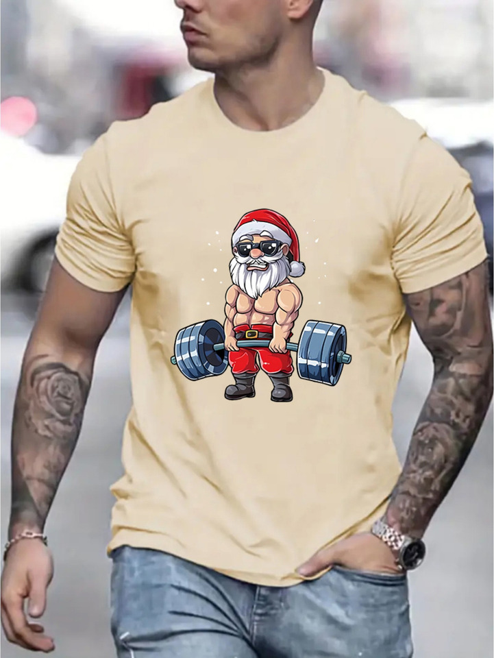 Men's summer 100 cotton fashionable casual sports loose Santa Claus and barbell printed round neck short sleeved T-shirt top
