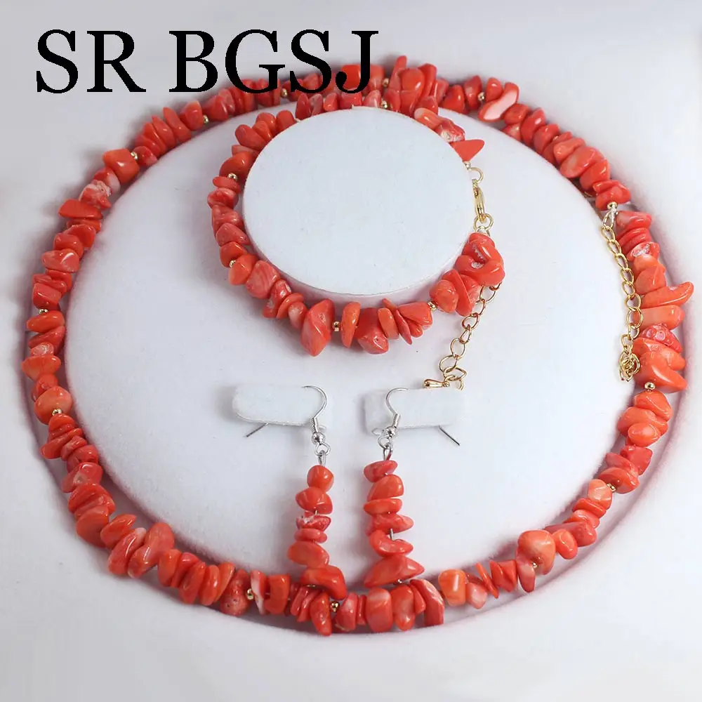 bridal jewelry sets 6-8mm Orange Coral Natural Gems Women Chockers Necklace Bracelet Jewellry Set 17.5
