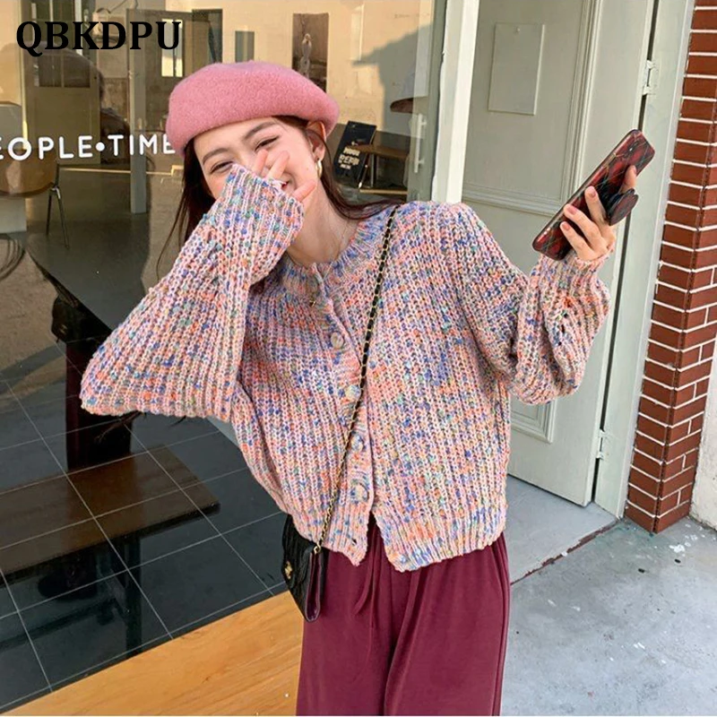 Multicolor Cropped Knitted Cardigan Women Korean Fashion O Neck Loose Long  Sleeve Sweater Korean Design Kawaii Colorful Knit Top| | - AliExpress