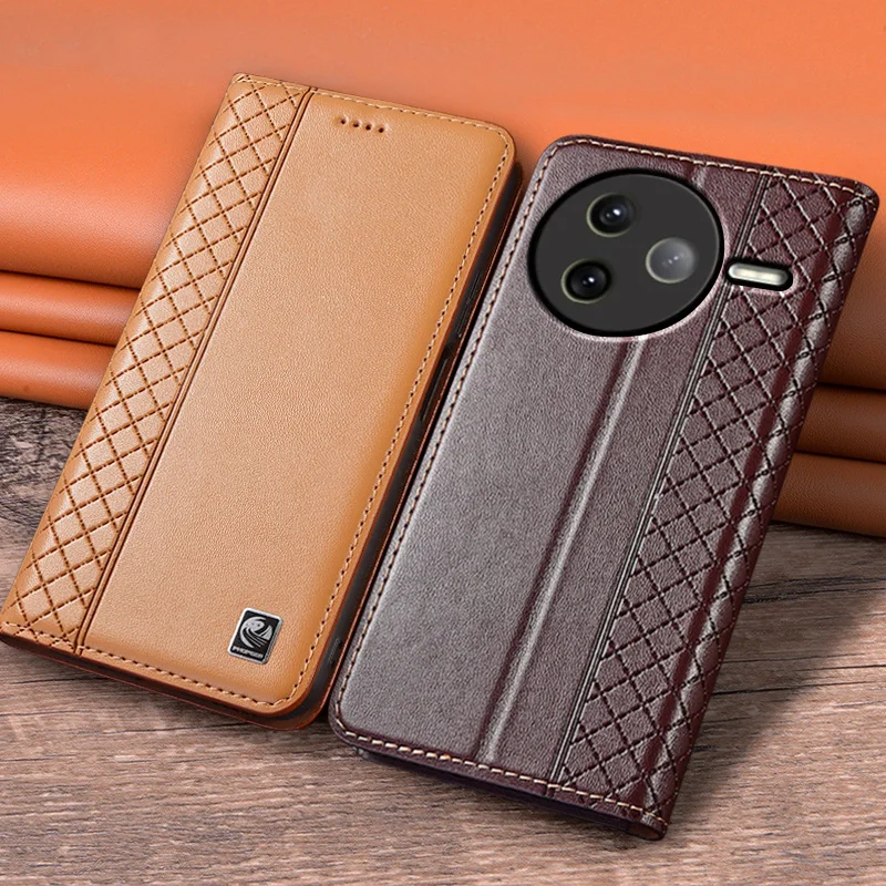 Luxury Cowhide Leather Flip Case with Magnetic Closure and Card Pocket Wallet Design