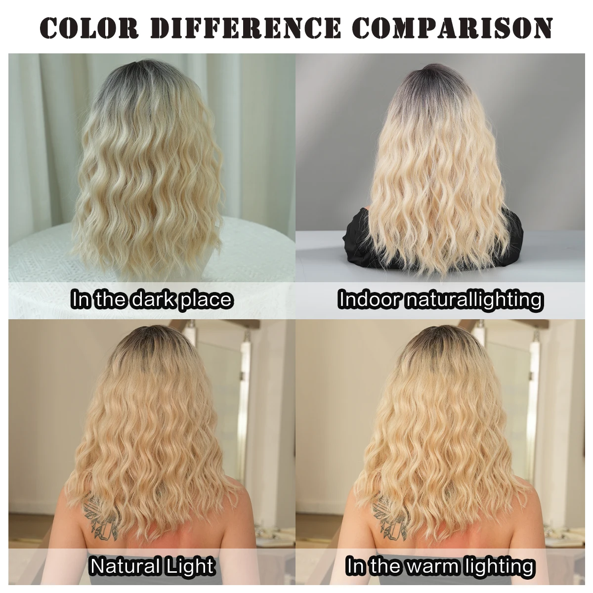 7JHH WIGS Routine Wigs Shoulder Length Water Wave Ombre Blonde Wigs with Dark Roots Fluffy High Density Synthetic Hair Wig