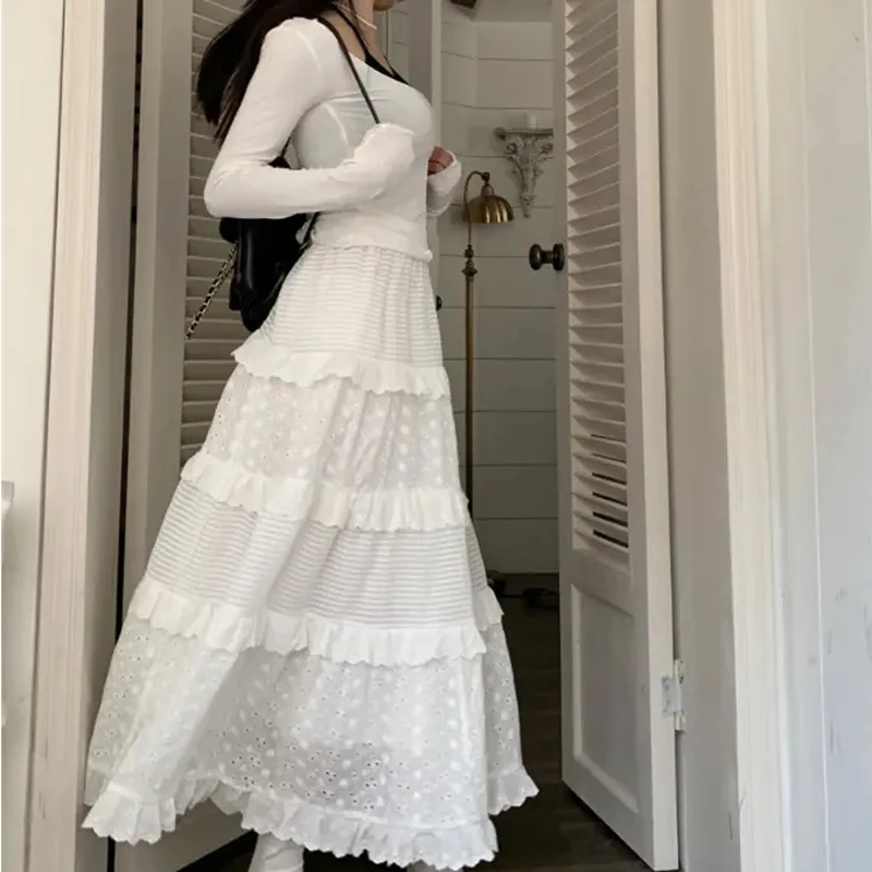 

White Long Skirt Woman Korean Fashion Cute Hook Flower Patchwork Ruffle High Waist A-line Maxi Skirt Mori Girl High Quality