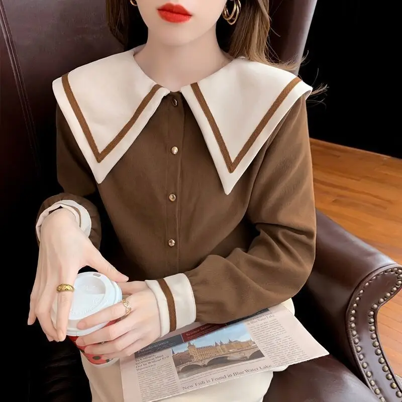 Contrast Color Corduroy Shirt Women's Autumn 2021 New Style Shirt Design Sense Niche Doll Collar Long Sleeve Retro Top