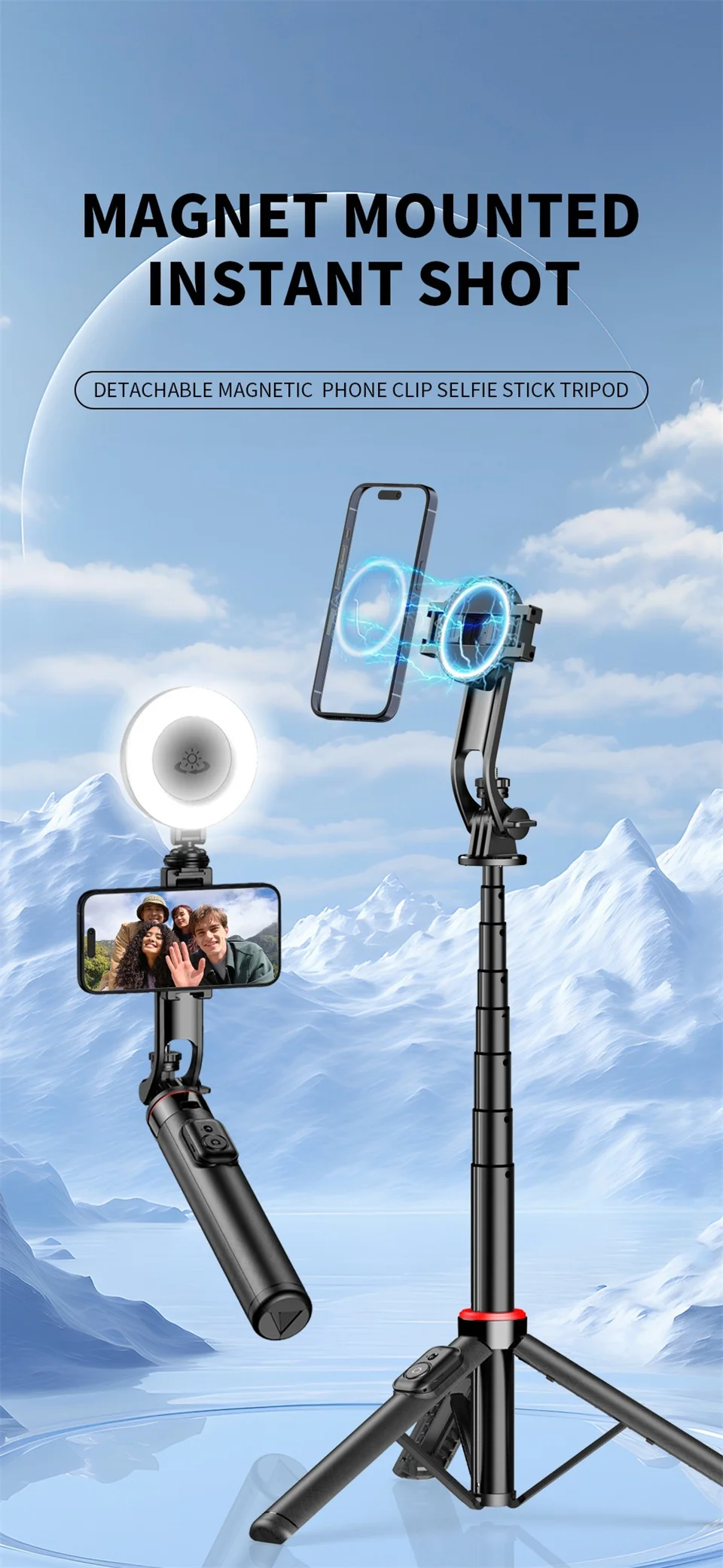 Description Picture 2 of item2025 New Magnetic Selfie Stick Tripod with Bluetooth remote For Cellphone For iPhone 14 13 12 Pro Max For HUAWEI Iconic Brand SAMSUNG