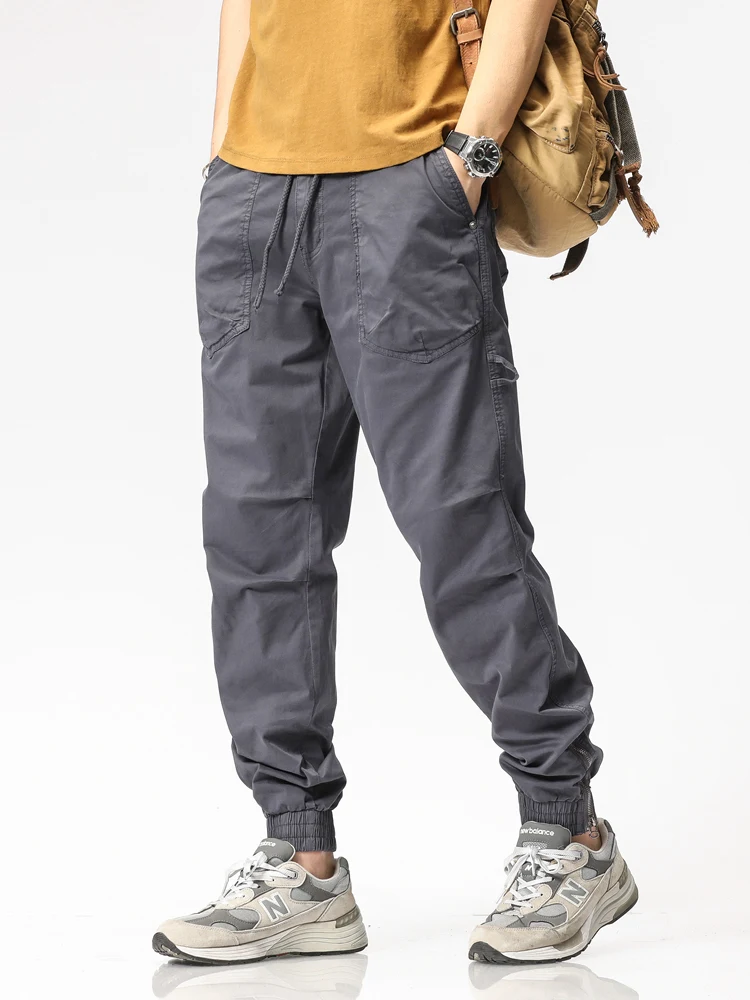 Summer Cargo Pants Men Cotton Casual Slim Fit Joggers Fashion Drawstring Zip Leg Work Trousers Male Streetwear