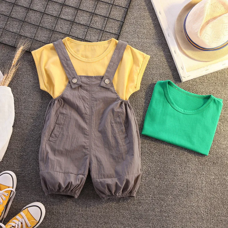 

IENENS Summer Boy Girl Clothing Sets Baby Solid Color Tees + Overalls Suits Toddler Infant Casual Wear Kids Short Sleeve Clothes