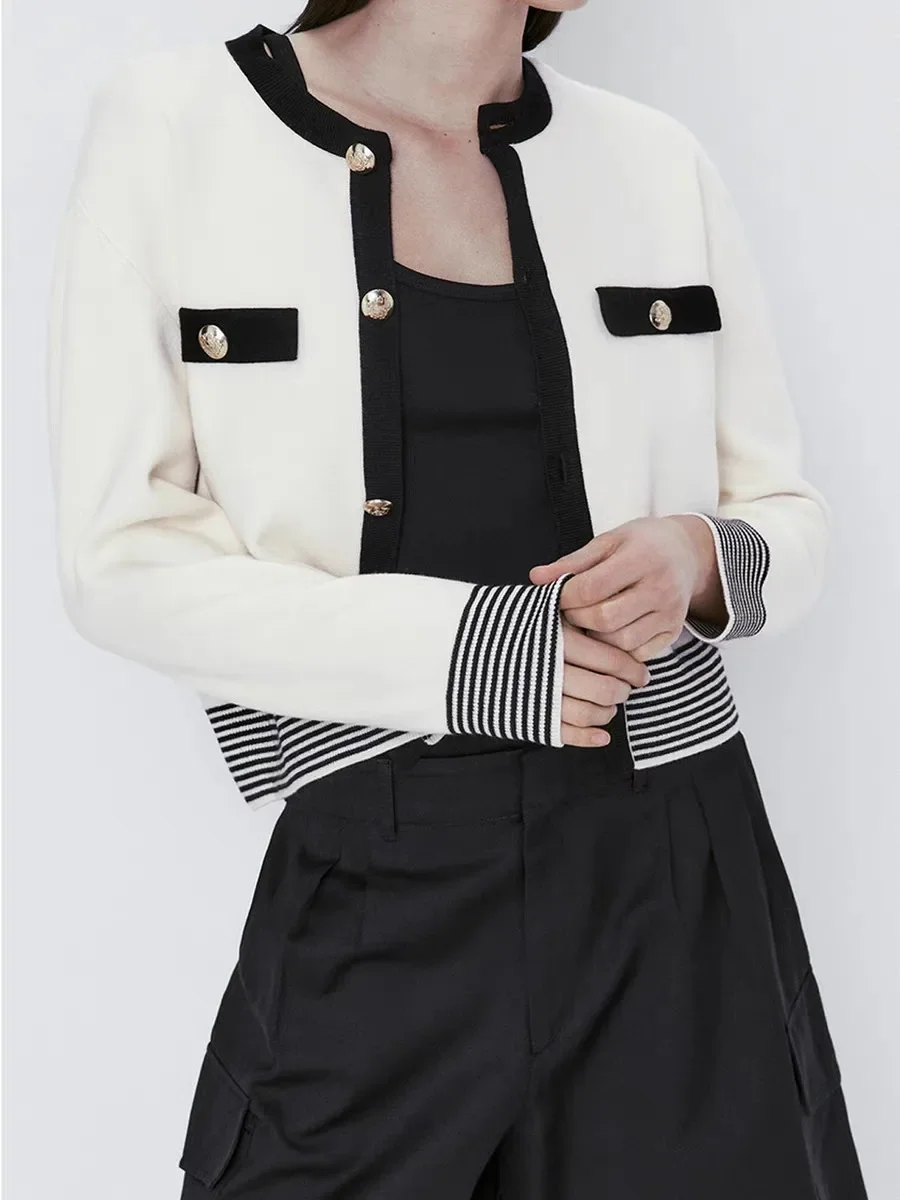 

Women's Stripes Sweater 2023 New Fall Winter Single Breasted Round-neck Contrast Color Elegant Sweet Long Sleeve Cardigan