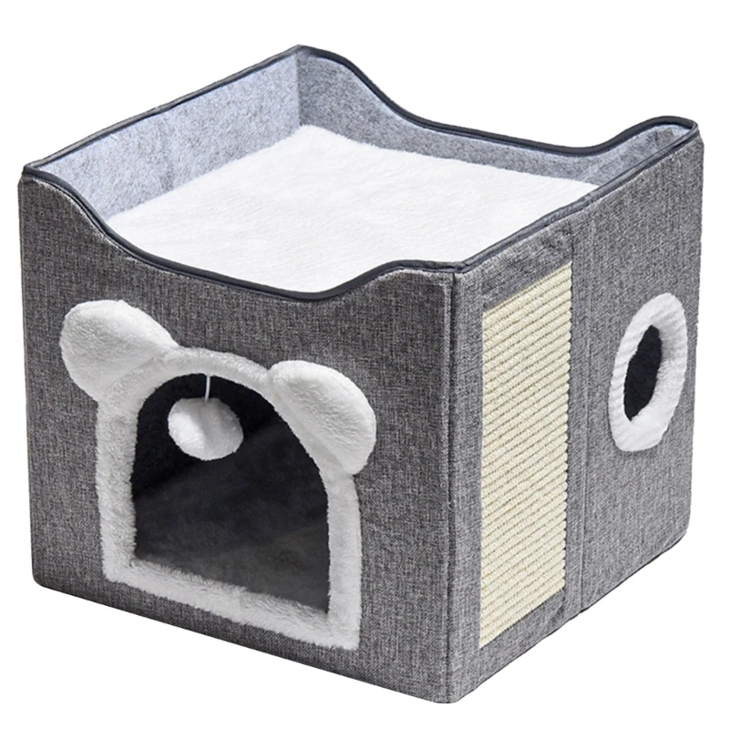 

67JE Soft Cat Bed Foldable Cat House Winter Warm Large Cat Cave with Ball Hang