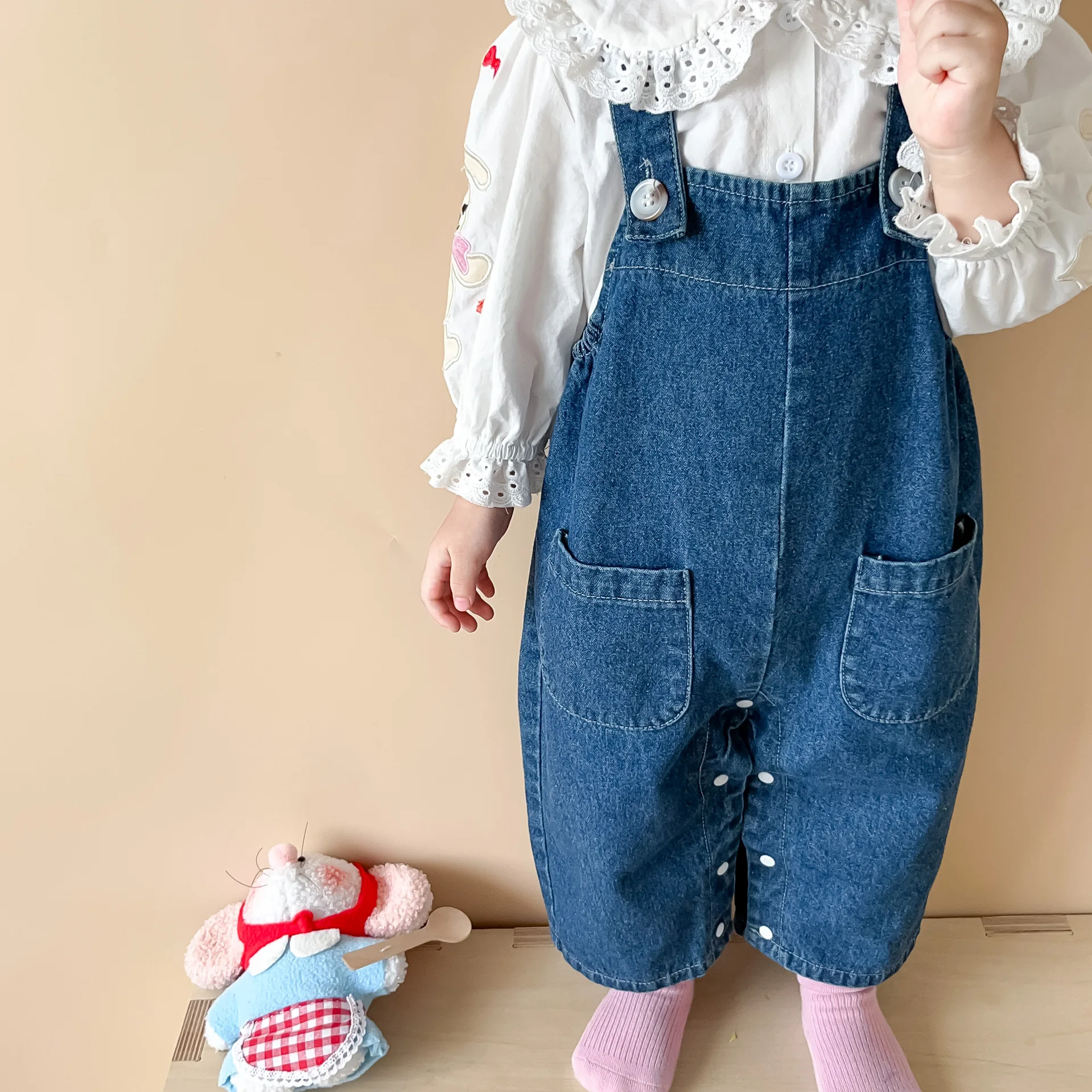 Cute Baby Girls Overalls 0-24 Months Kid Bunny Ear Ball Loose Denim Jumpsuit Suspender Pants Jeans Outwear Spring Autumn Clothes