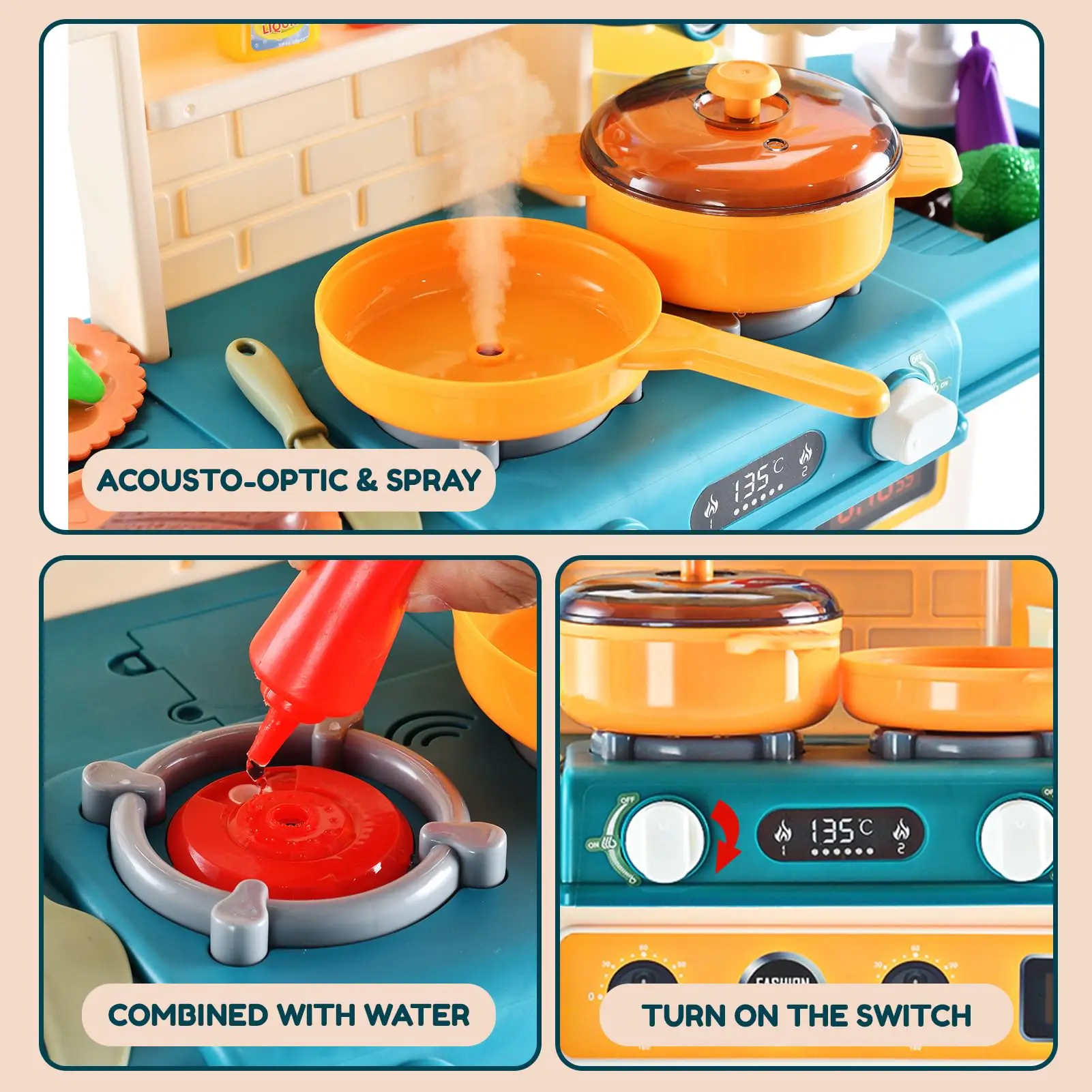 Playhiland Kitchen Playset,42Pcs for Boys and Girls with Realistic Lights and Sounds