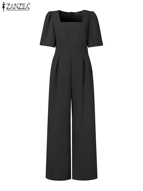 ZANZEA Solid Elegant Jumpsuits Woman Street Fashion Commute Fitted Waist Wide Leg Pant Overalls Short Sleeve Square Neck Rompers 1