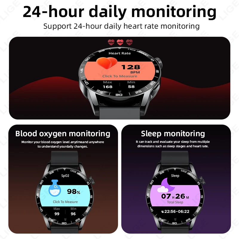 LIGE Men's Smart Watch 3ATM Waterproof Fitness Sports Heart Rate Monitor Bluetooth Call Watch Voice Assistant Smartwatches Women