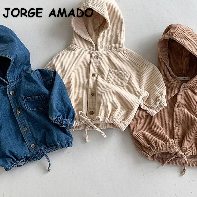New Spring Kids Coat Boys Girls Loose Denim Hooded Single Breasted Corduroy Jacket Kids Casual Outwear E3800
