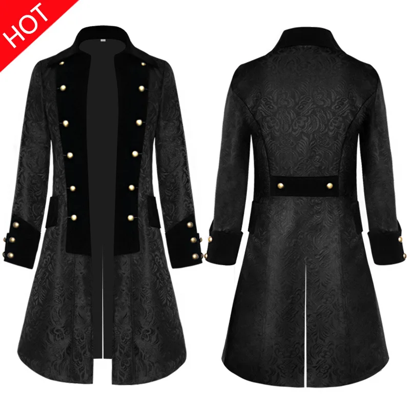 

Steampunk Jacket Medieval Costume Trench Coat Men Long Sleeve Gothic Brocade Jacket Frock Coat Vintage Stand Collar Men's Coat