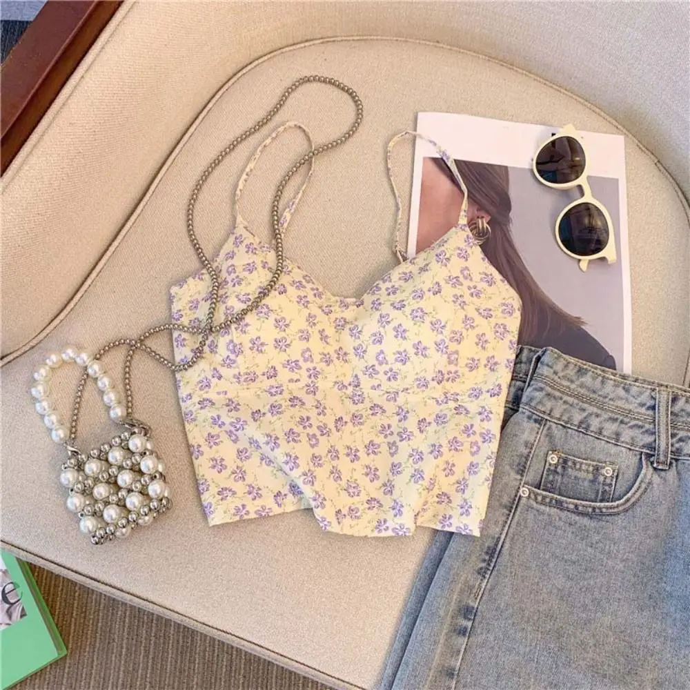 

V-neck Floral Camisole With Pads Vest Thin Slim Sleeveless Flower Crop Top French style Tube Top Sweet Flower Girl's Tank Top