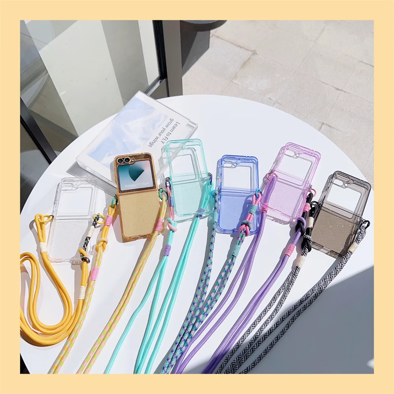 Crossbody Lanyard Glitter Candy Color Phone Case - Foldable Shockproof Cover