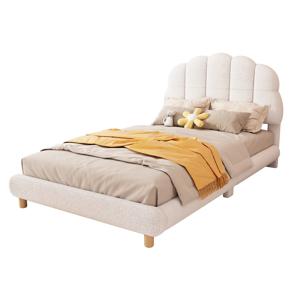 90x200cm White Flat Baby Cot Plush Upholstered Toddler Bed with Cute Headboard Kids Single Bed Frame
