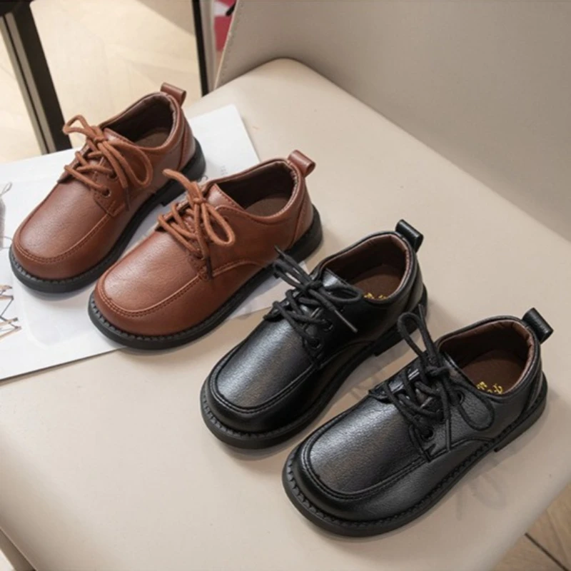 Boys Leather School Shoes New Spring Autumn Children Uniform Flat Shoes Formal Black Versatile Kids Causal Fashion Dress Shoes