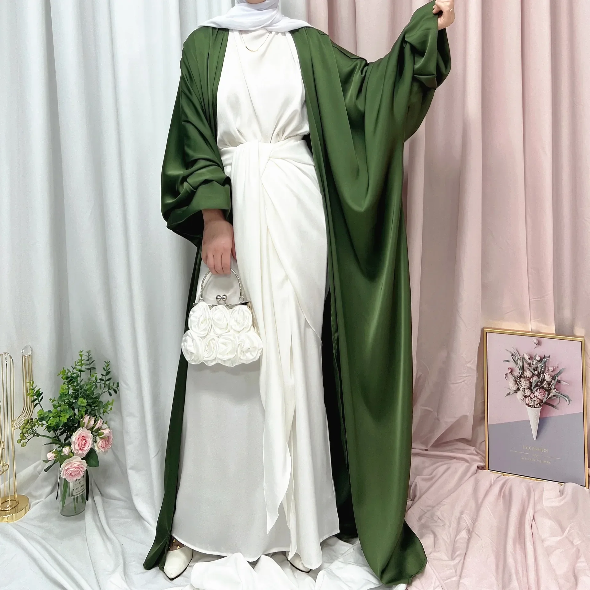 Satin Abayas for Women Dubai Turkey Islamic Clothing Cardigan Muslim Kimono Abaya Ramadan Eid Modest Kaftan No Hijab Inner Dress