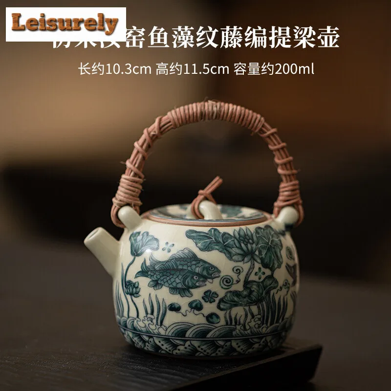 200ml Imitation Song Ru Kiln Teapot Boutique Fish Algae Pattern Vine Weaving Beam Pot Tea Making Kettle Puer Cha Supplies Gift