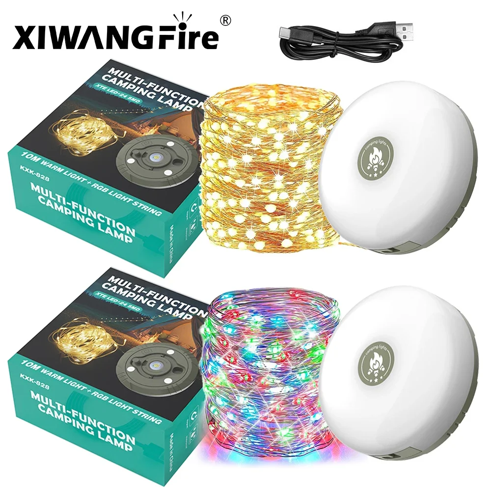 USB Rechargeable Camping Light 10meter Light String Outdoor Tent RGB Atmosphere XTE LED Flashlight with Magnet Hook