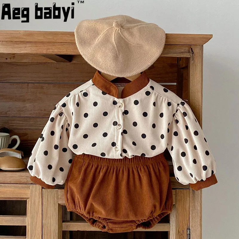 

Baby Clothes Sets Dot Print Long Sleeved Cardigan Coat Tops + PP Shorts Corduroy Outfit Spring Korean Infant Girls Clothing