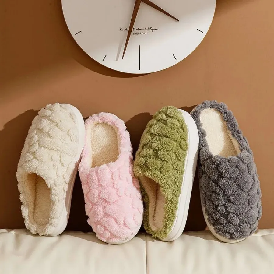 2024 New Women's Solid Color Cotton Slippers Thick Bottom Warm Slippers Soft Female Couple Indoor Plush Flat Shoes 5