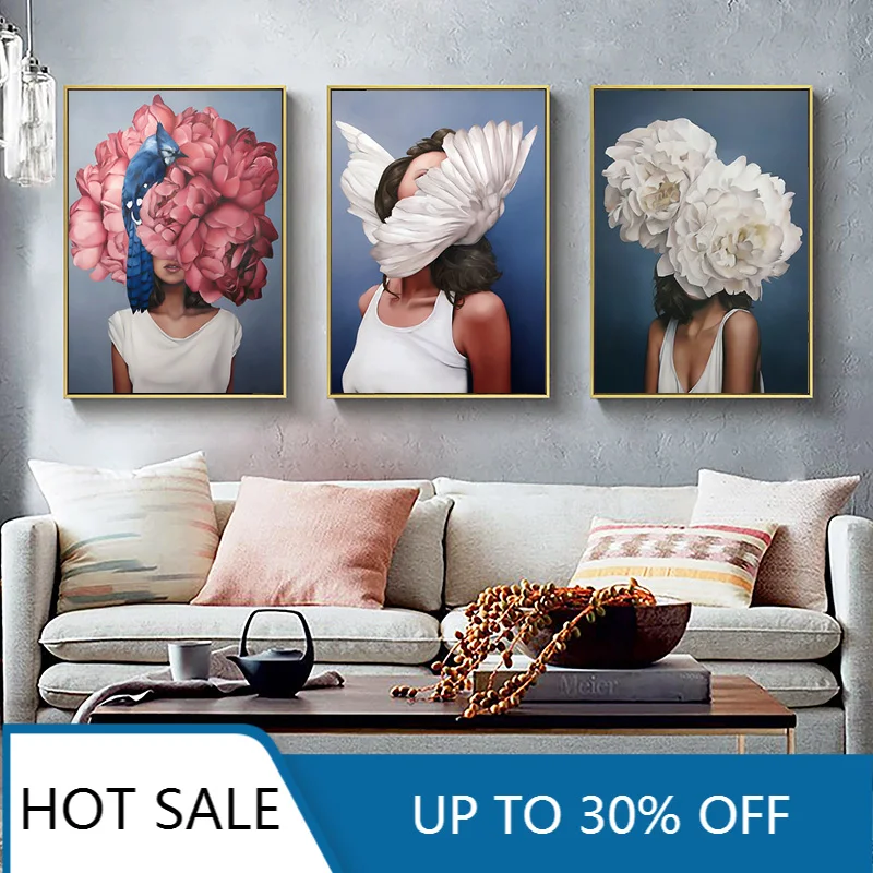 

Christmas Canvas Painting Flowers Feathers Woman Abstract Wall Art Print Poster Picture Decorative Living Room Home Decoration