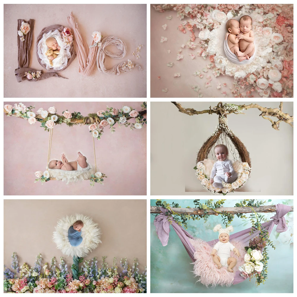 Newborn Backdrop Baby Shower Spring Flower Wood Floor Swing Birthday Background Sleeping Baby Portrait Backdrops Photo Studio photo backdrop