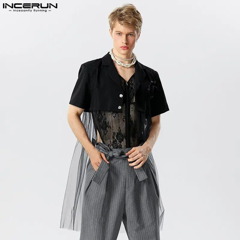 

Handsome Well Fitting Tops INCERUN Men's Front Short Back Long Thin Mesh Splicing Cropped Blazers Male Short Sleeved Suits S-5XL
