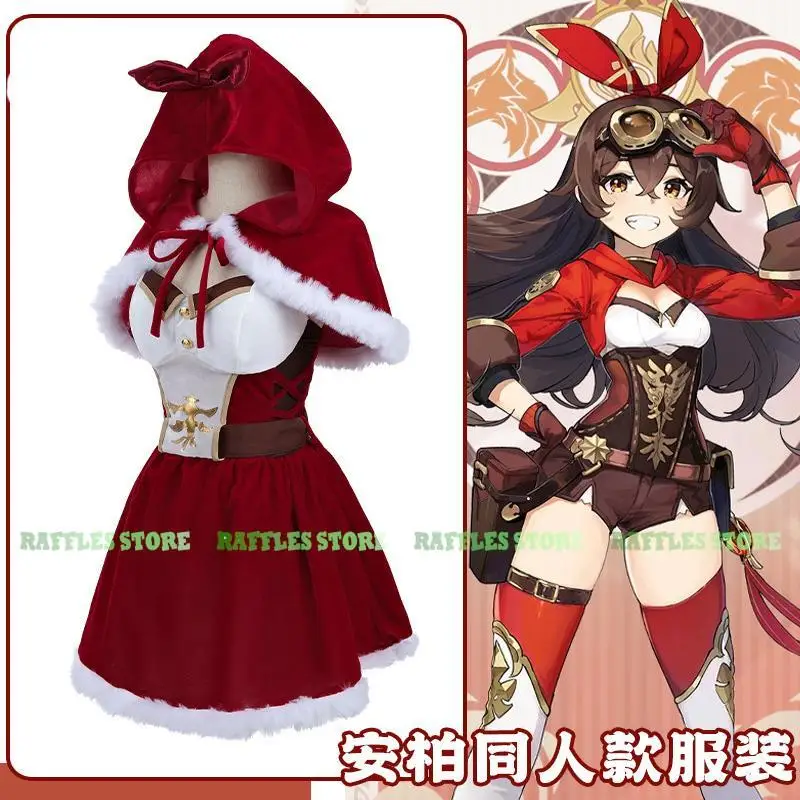 Genshin Amber Christmas Cosplay Costume Red Dress Wig Halloween Anime Cosplay Clothes Cute Sexy Hot Amber Doujin Women Suit
