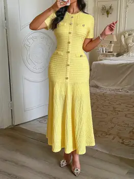 Yellow Textured Knit Midi Dress with Front Buttons and Faux Pockets 1