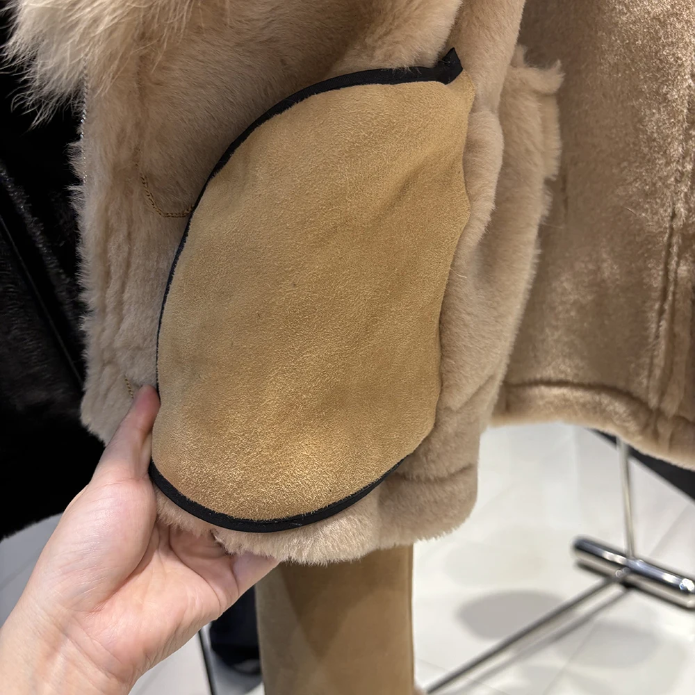 YOLOAgain 2025 Winter Warm Hooded Suede Shearling Jacket Coat Women Real Fox Fur Jacket