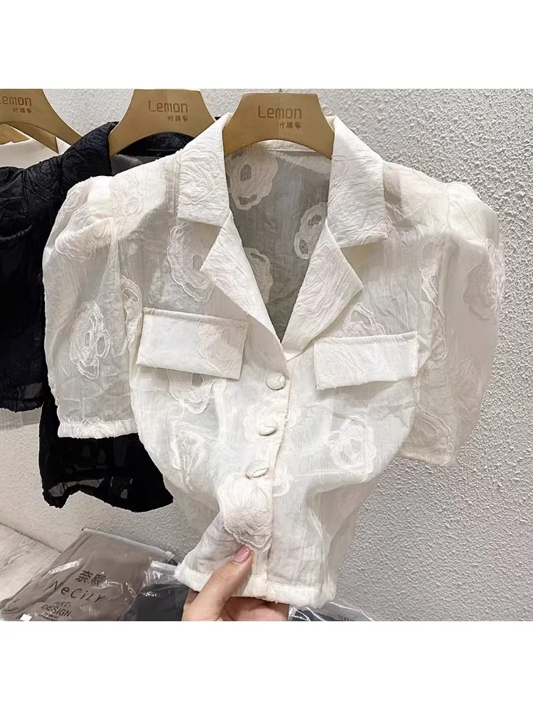 

Summer Black Sexy Flower Hollow Shirt Women 2024 New High Quality Suit Collar Bubble Sleeves French Commuter Short Chiffon Top