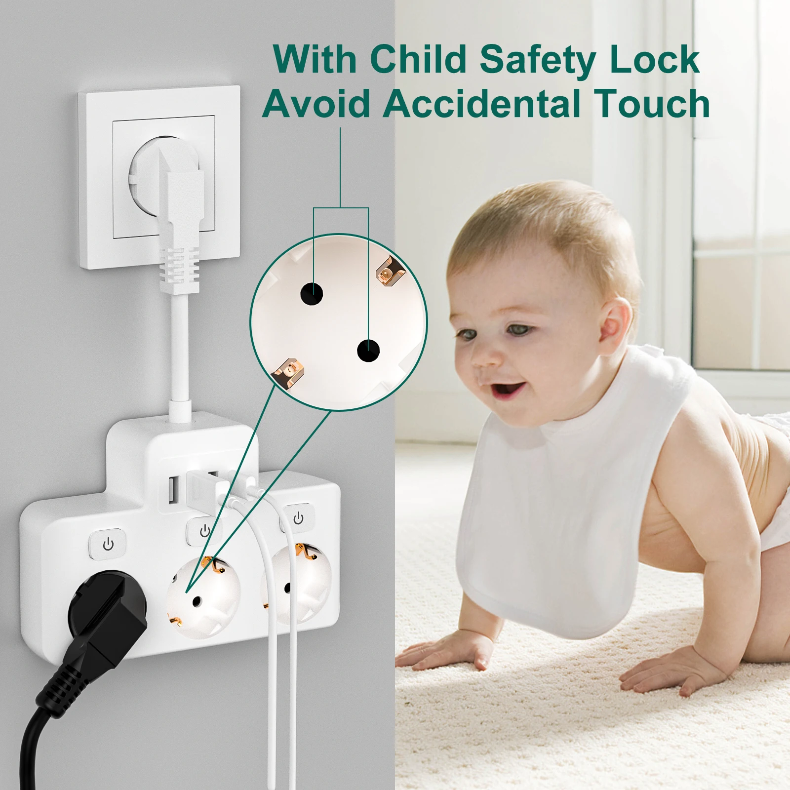 EU Plug Power Strip 3AC Outlet Multitap Extension Cord Electrical Socket With 3 USB and USB C with Protective Contact White S30c493768ae94d1c976e46302709b6afH