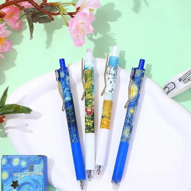 4Pcs/Box Trendy Van Gogh Oil Painting Press Gel Pen Black Ink ST 0.5mm Ballpoint Pens Stationery Quick-Drying Pens Student 2
