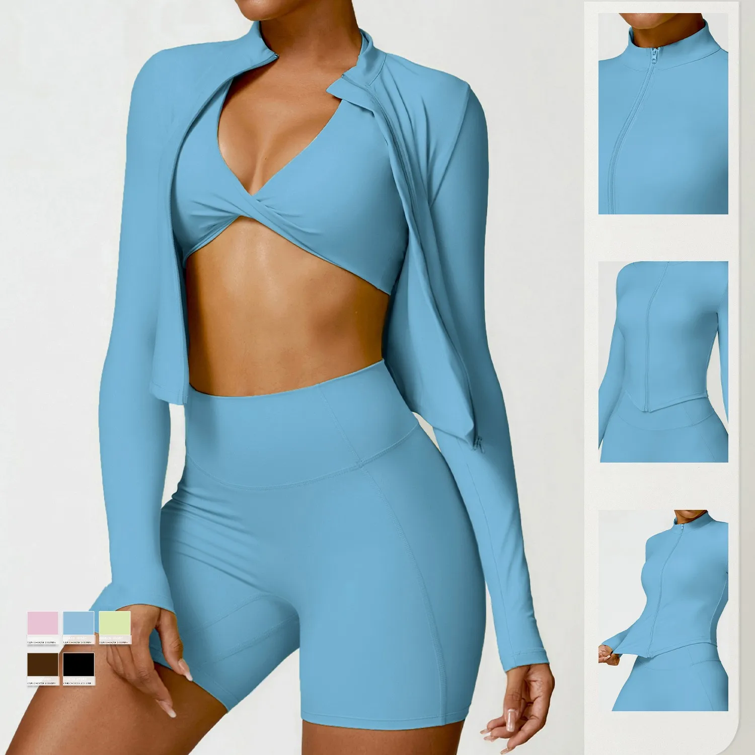 

Women's Zipper Soft Stretch Stand Collar Nude Tight Yoga Long Sleeves Gym Quick-drying Breathable Running Push-up Fitness Wear