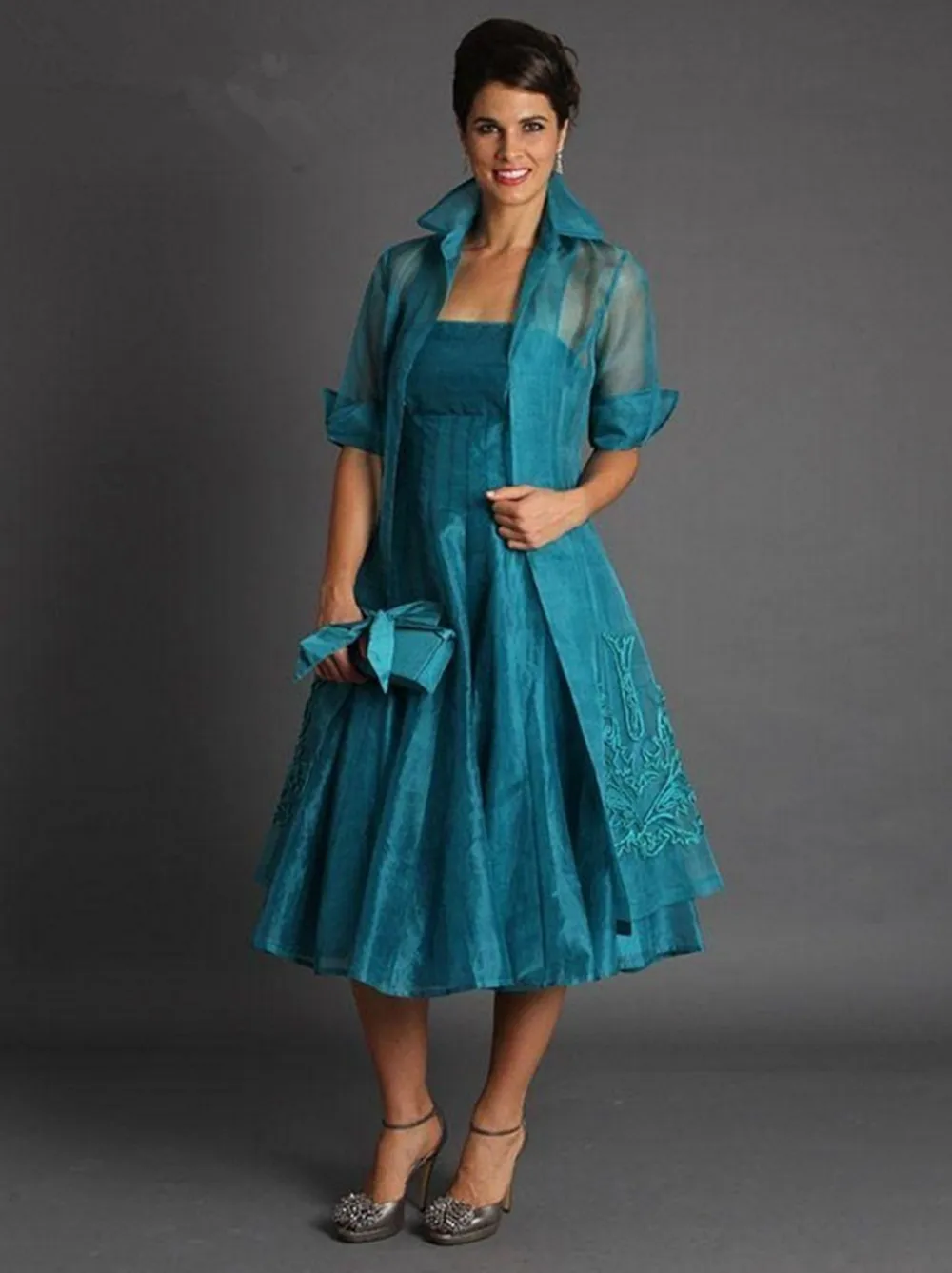 

A-line Mother Of The Bride Dresses With Jacket Tea Length Tulle Appliques Plus Size Short Groom Mother Dresses For Weddings