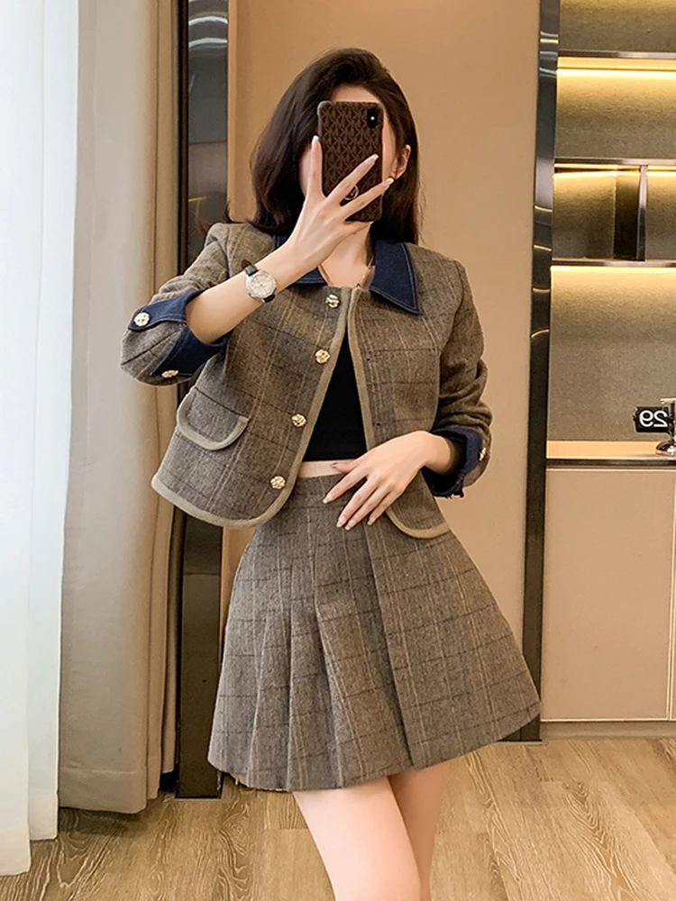 

Retro Elegant Small Fragrance Wind Tweed Plaid Mini Skirt Sets Women Fall Winter Patchwork Splice Jackets Two Piece Set Outfits