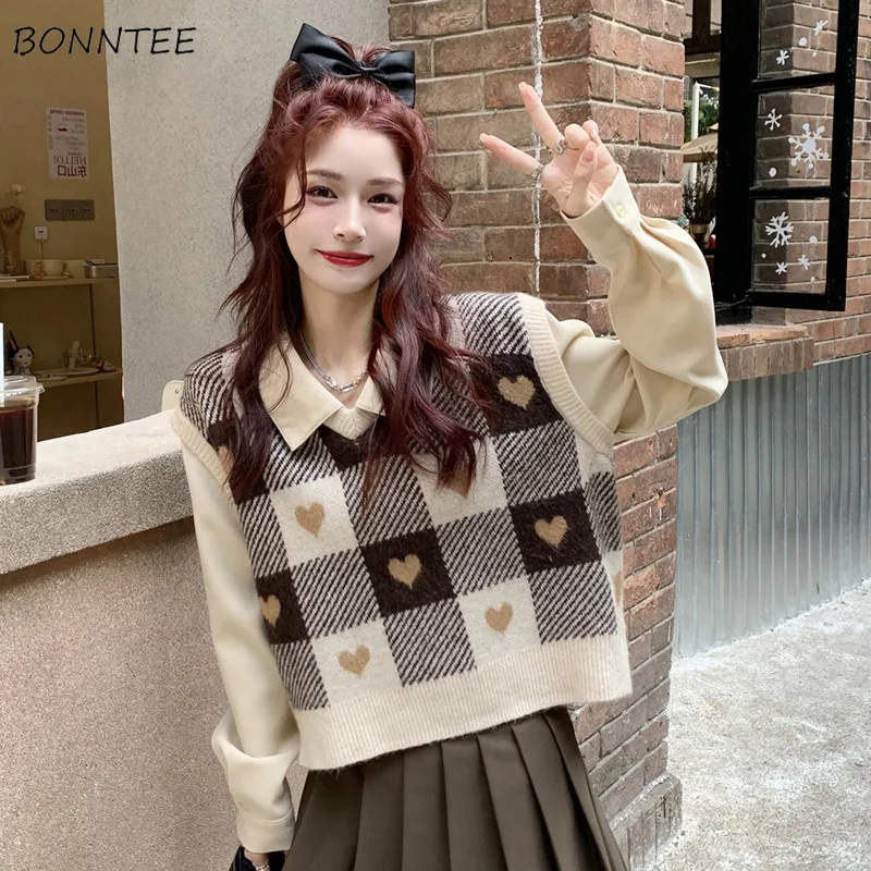 Patchwork Sweater Vest Women Autumn Sweet Retro Knitted Cozy Loose  All-match Preppy Style Vintage Classic Popular Girlish Chic - Sweater Vest  - AliExpress