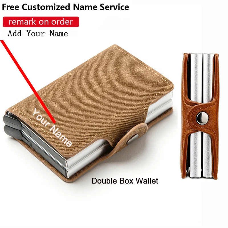 Custom Engraving Wallet RFID Blocking Card Holder Anti-theft Purse Double Box Credit Card Holder Denim Leather Wallet Cardholder credit card holder with double id window wallet rfid blocking automatic pop up card wallet