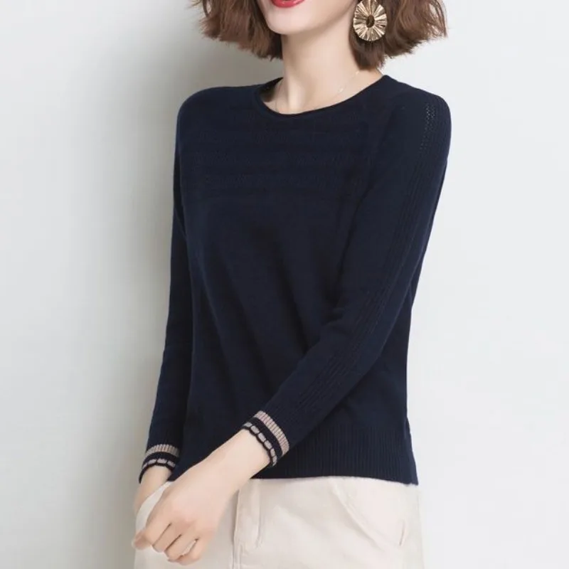 

Autumn Winter Women's Pullover Round Neck Solid Hollow Out Screw Thread Long Sleeve Sweater Knitted Casual Undershirt Tops