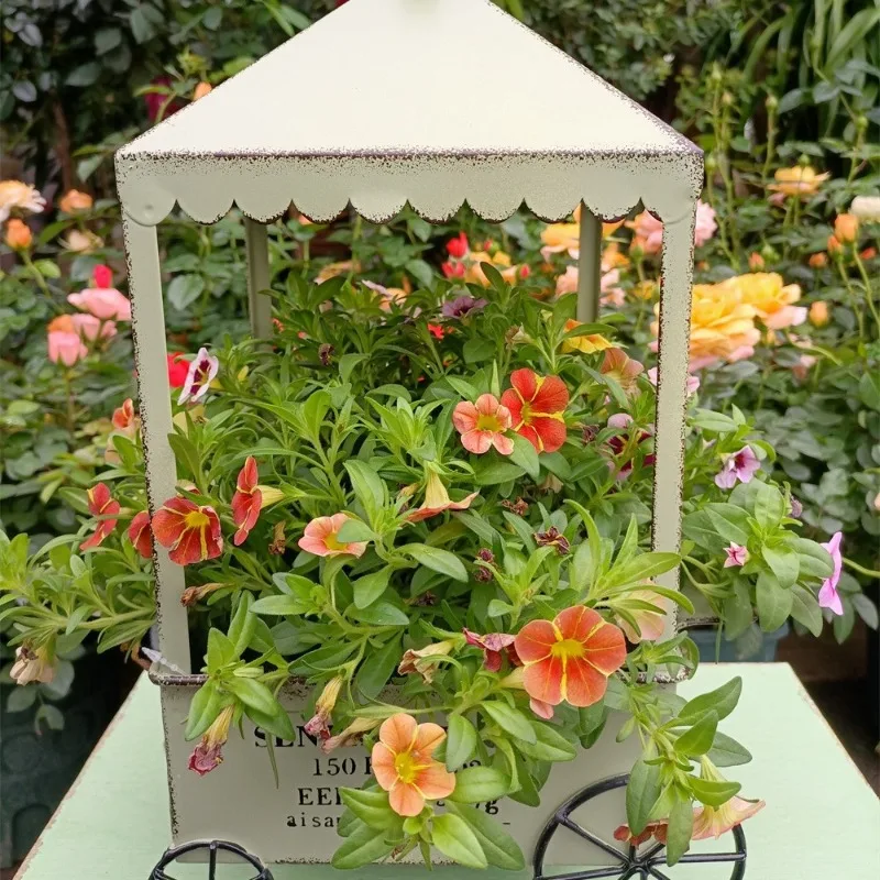 Iron Cart Flower Stand Balcony Decorative Flower Pot Creative Garden Planter Container Outdoor Plant Display Rack