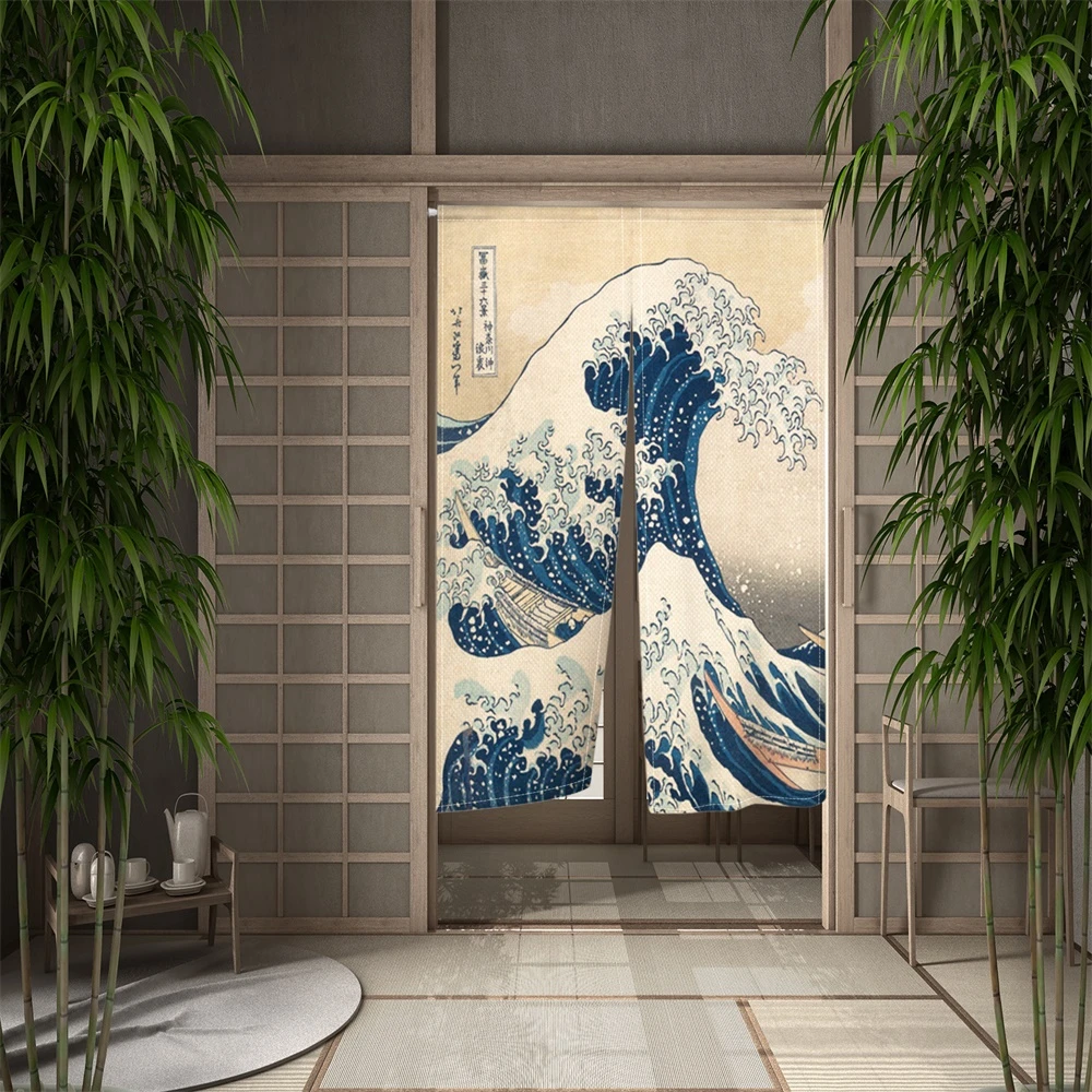 Ocean Waves Japanese Door Curtain Cherry Blossoms Doorway Curtains River Linen Drape Noren Restaurant Decor Hanging Half Curtain 2