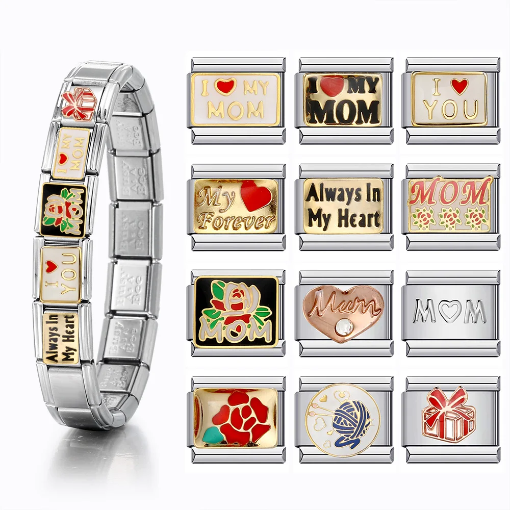 9mm Buchstabe italienischer Edelstahl Charm DIY elastische Gliederkette Zubehör Muttertagsgeschenk Express Love Großhandel
