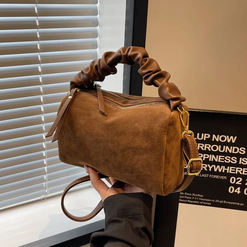 Vintage Handbag with Ruched Handle Faux Suede Chic Crossbody Bags, Retro Minimalist Design, Perfect for Daily & Casual Outings