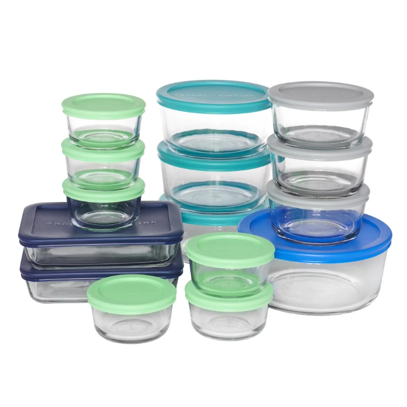 Anchor Hocking Clear Glass Storage 30 Piece Set with Navy Lids